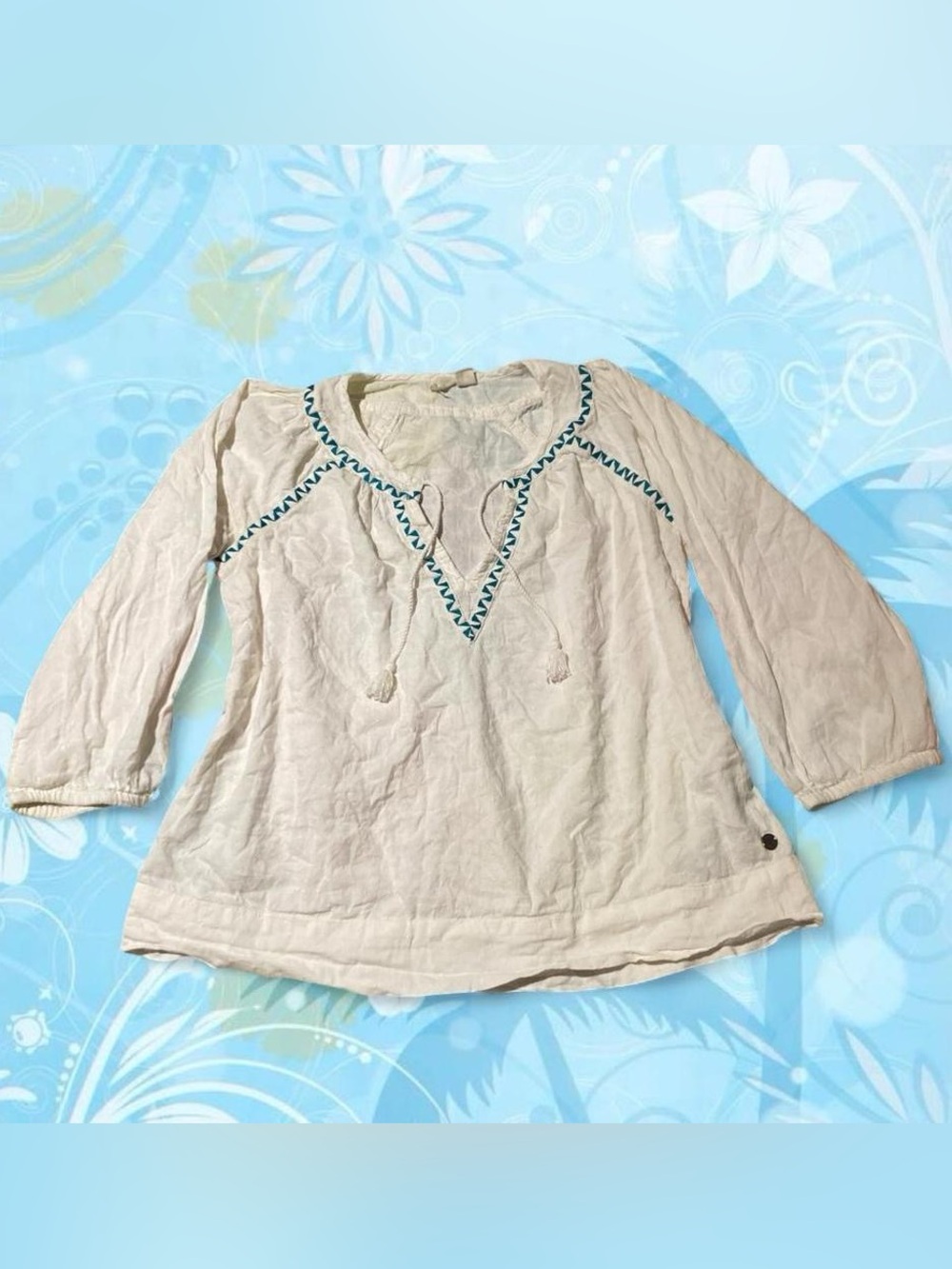 Roxy Cream Peasant Tunic with Turquoise Embroidered Trim